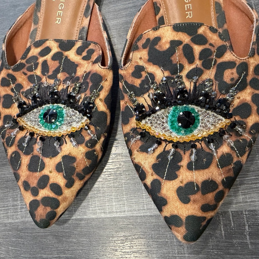 Kurt Geiger Leopard Print Eye Embellished Mules